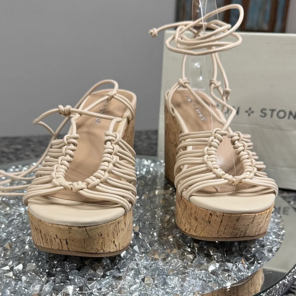 Sun + Stone eggshell Tilly Beige Strappy Lace Up cork Wedge Sandals NEW 7.5